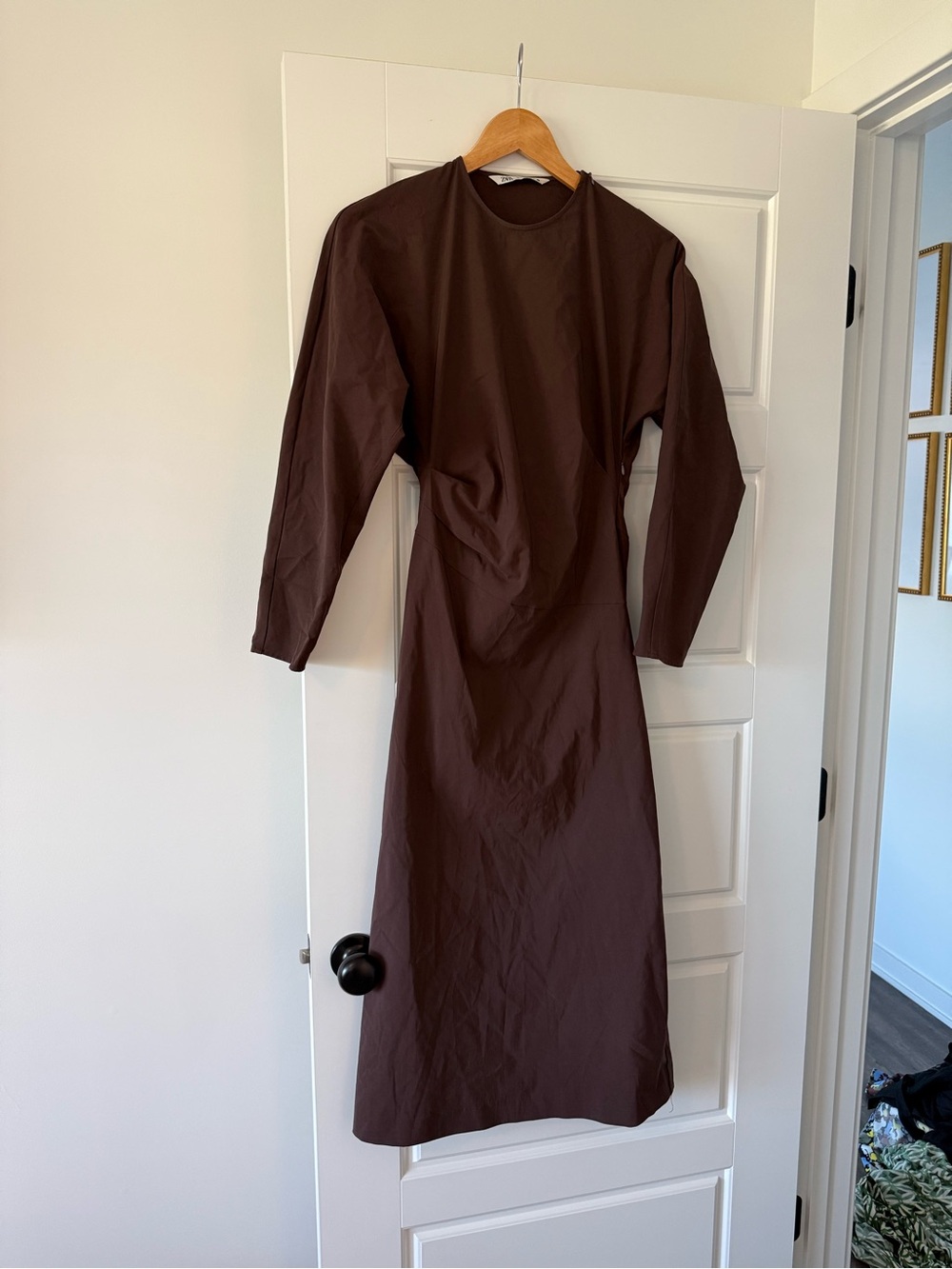 Zara Long Sleeve Chocolate Brown Midi Dress